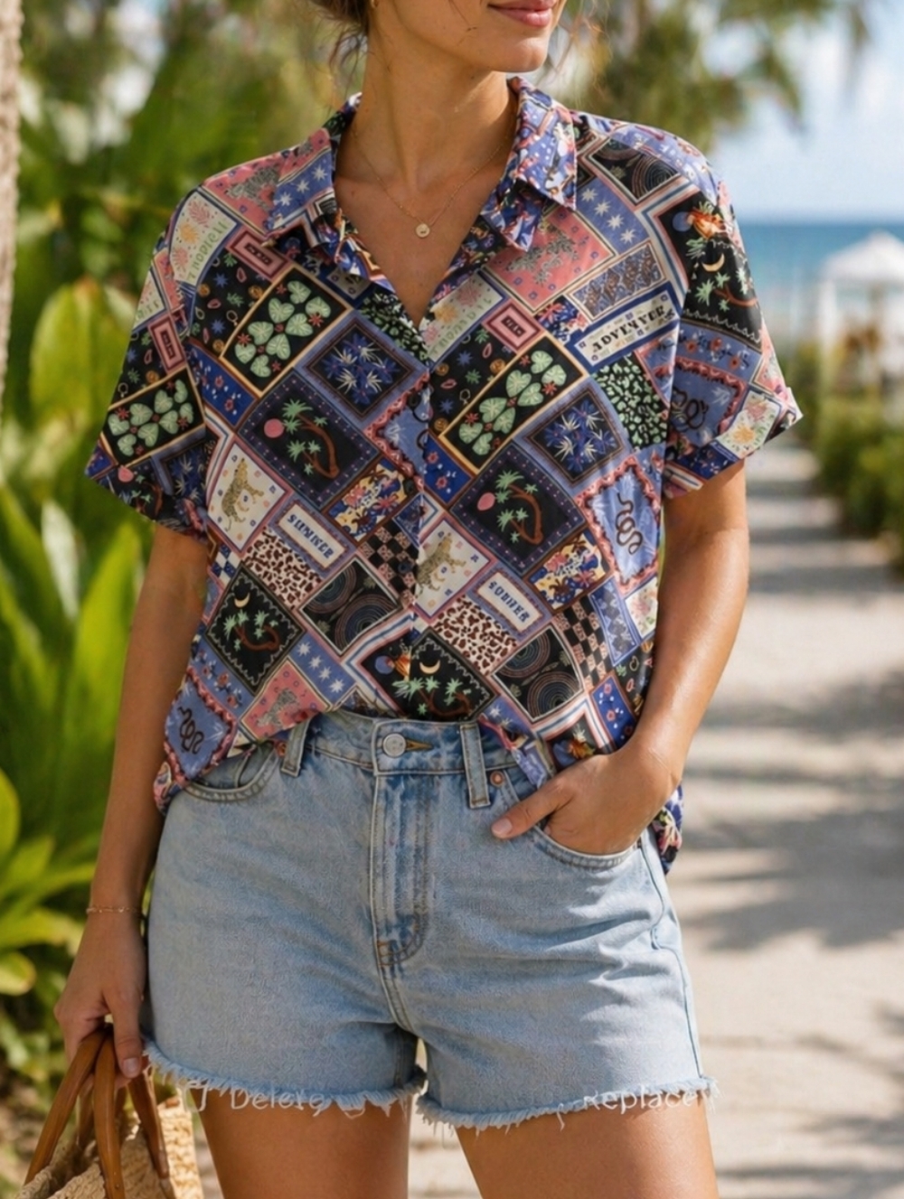 Twik Par Simons 100% Viscose Patchwork Printed Button-Up Blouse